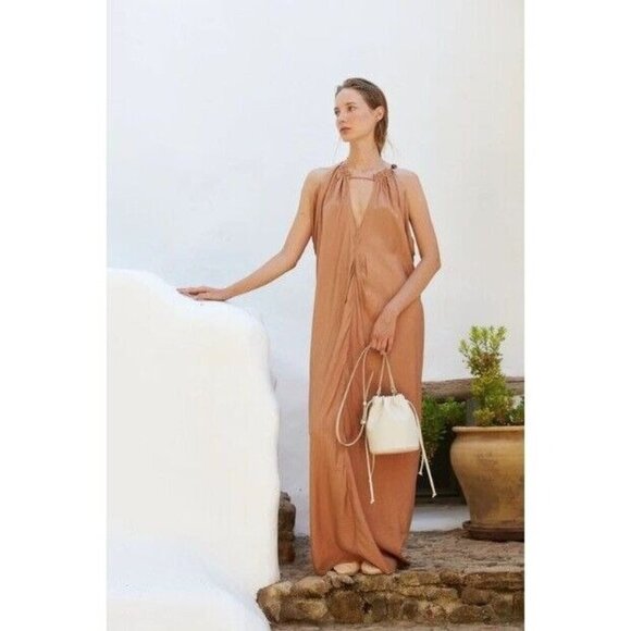 Zara Tan Halter Maxi Dress With Drawstring Back Detail Boho - Size XS - Picture 1 of 6